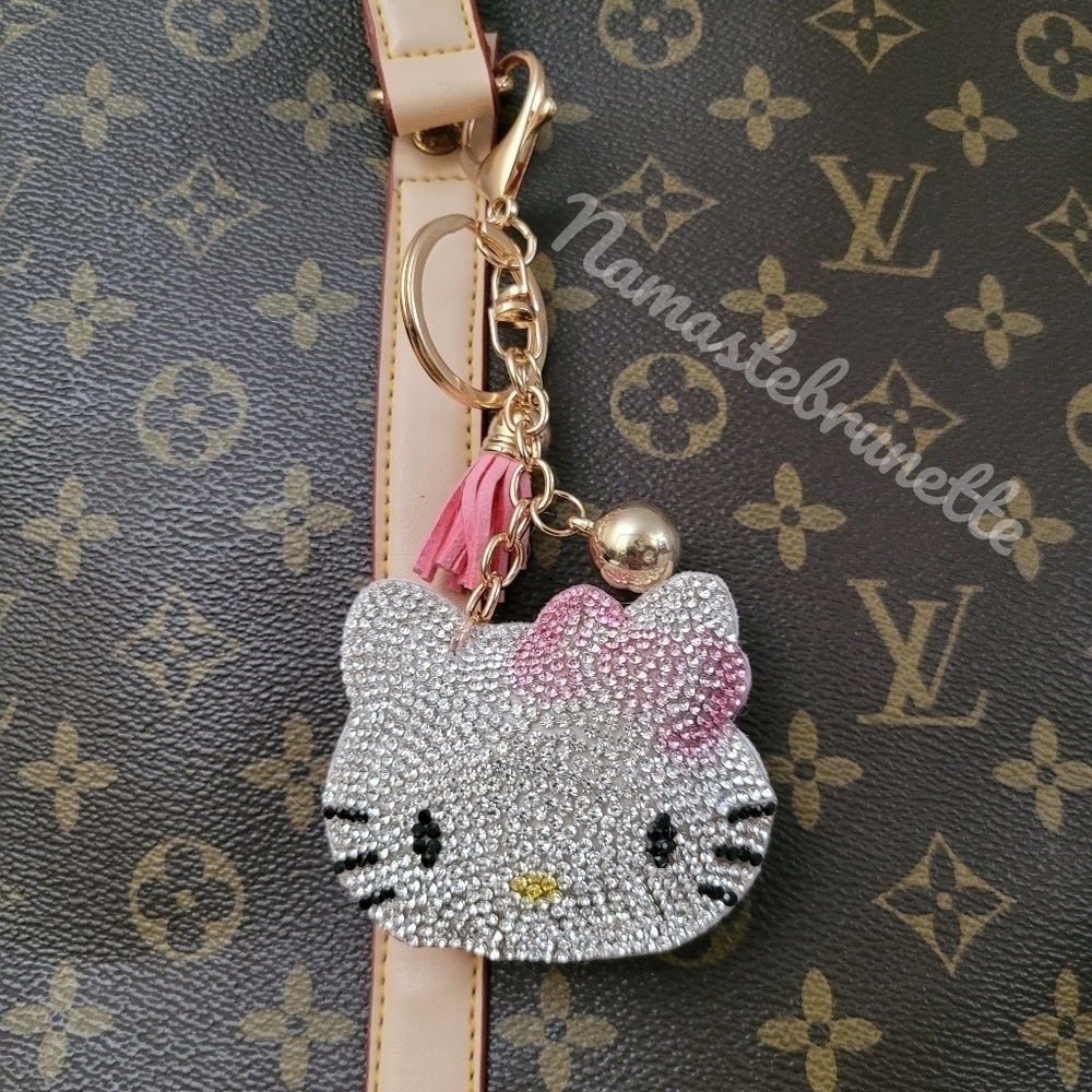 Hello Kitty Pink Bow Crystal Rhinestone Keychain Bag Charm With Tan Tass…
